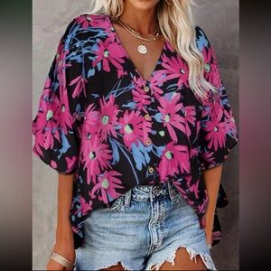 Boho floral print V neck button detail blouse